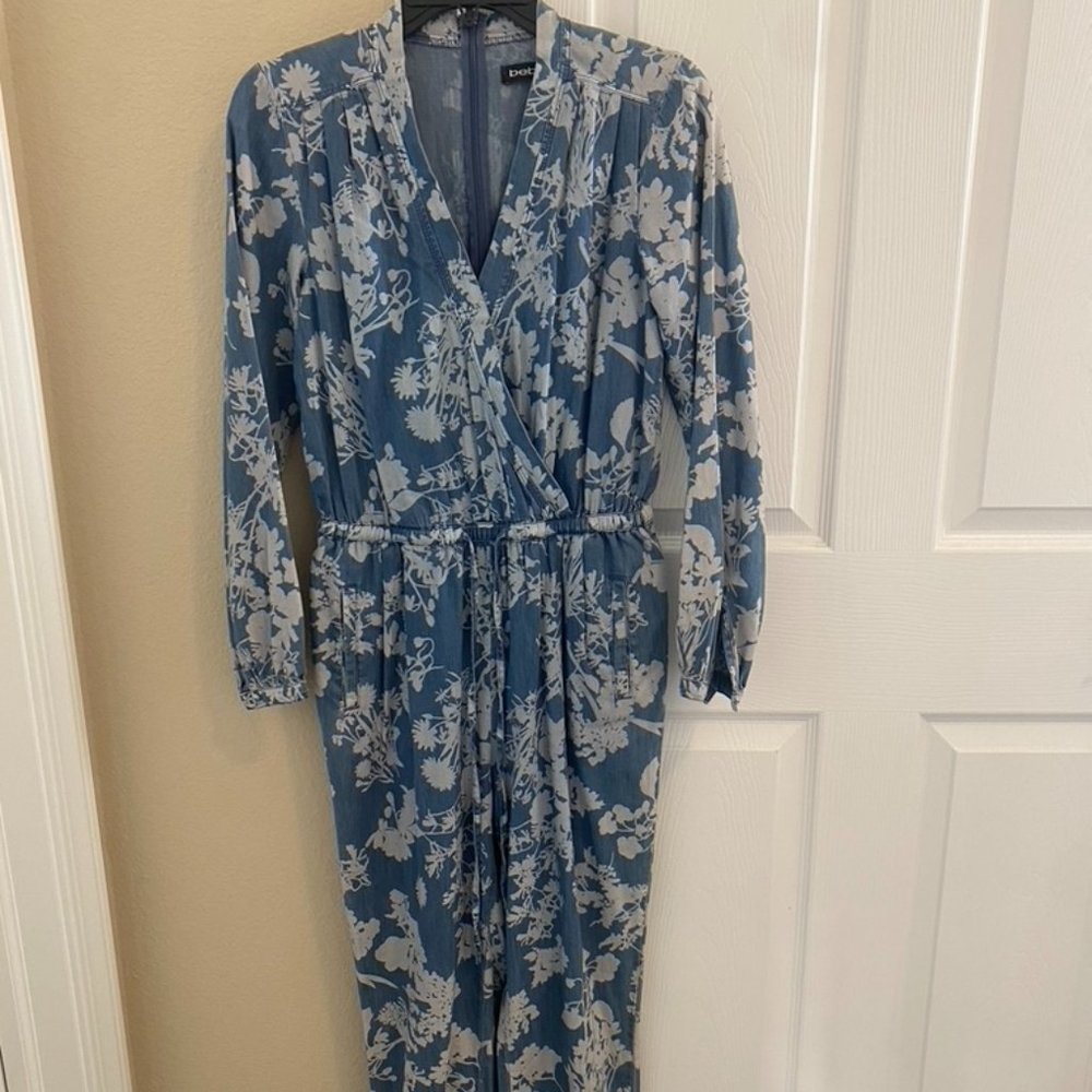 Bebe Blue and White Floral Jumpsuit
